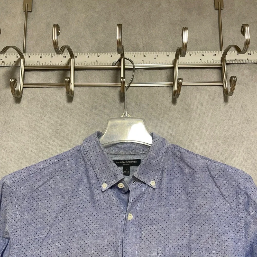 Banana Republic Shirt Men M Blue Dots Geometric Linen Cotton Button Up Slim AOP‎